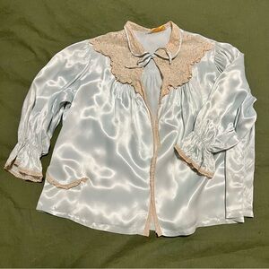 Antique 1940s blue satin and lace bed jacket